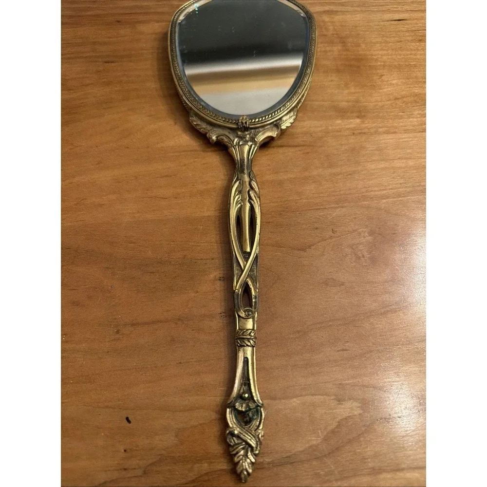 Antique Victorian Gilt Brass Vanity Set Mirror & Brush Matching Guilloché c.1900